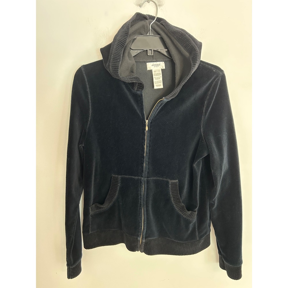 VTG Y2K Jones Sport Women's Black Velour‎ Corduroy Ribbed Full Zip Hoodie Small